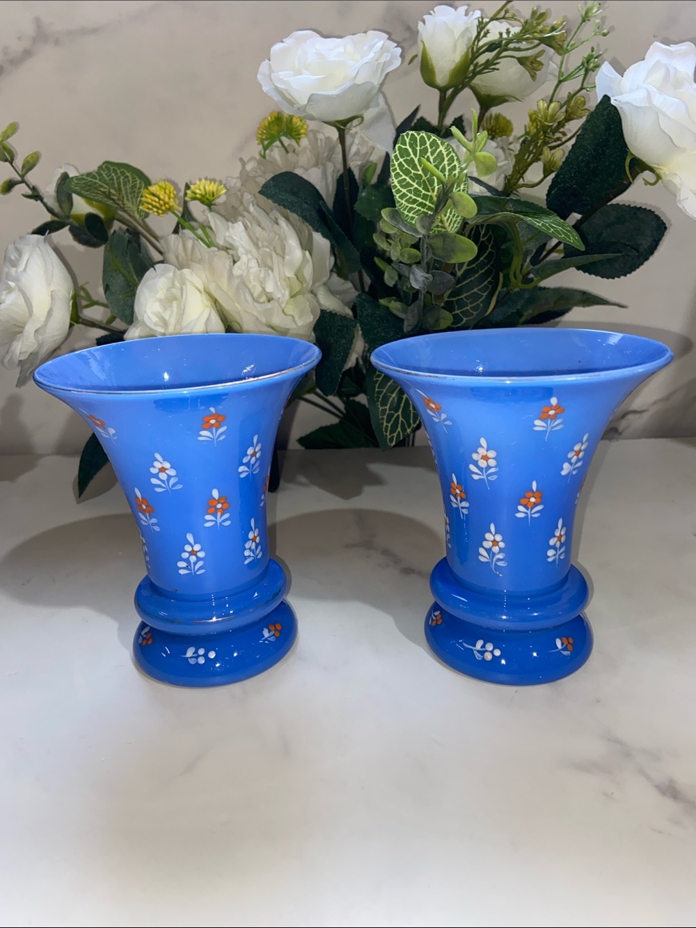 Vintage Blue Decorative Glass Vases with Hand Painted Floral Accents - Pair